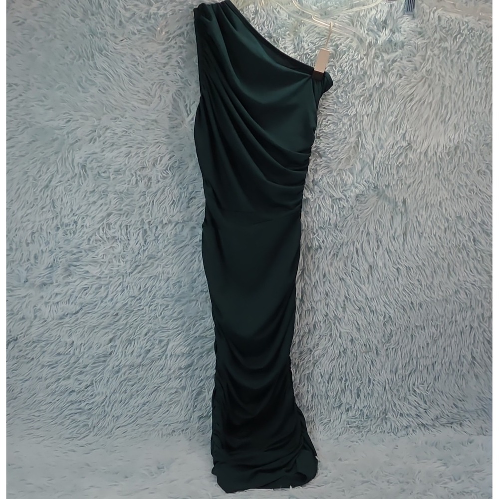PrettyLittleThing Green Slinky Ruched One Shoulder Bodycon Midi Dress Sz 4
